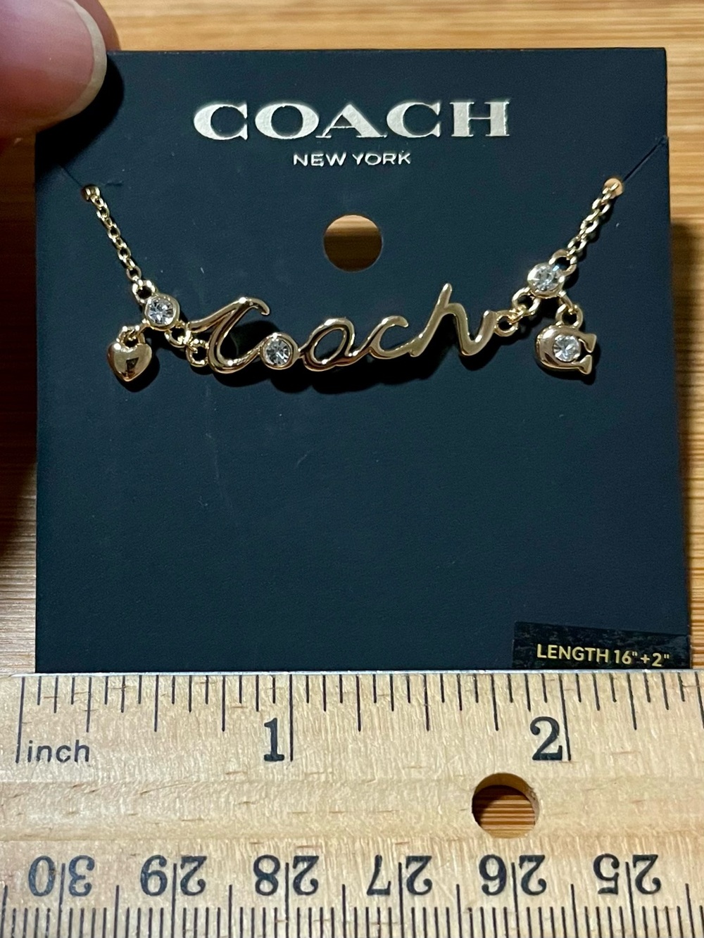 Coach Gold Script Logo Necklace w/ Crystal Accents & small heart and C charm